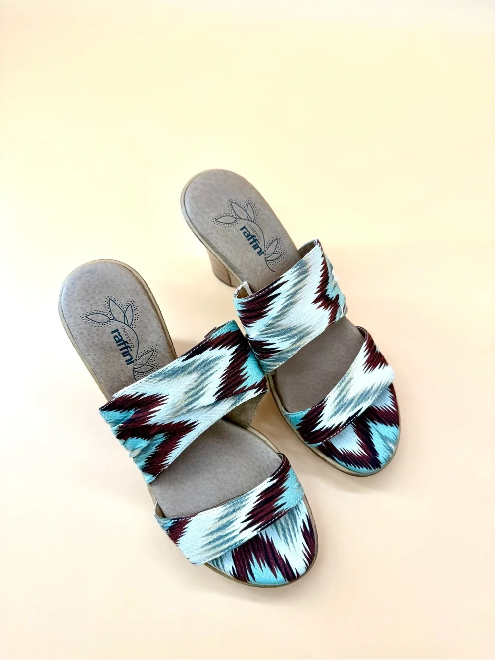 Umberto Raffini Aztec Print Slide Wedge Sandals - Teal & Burgundy